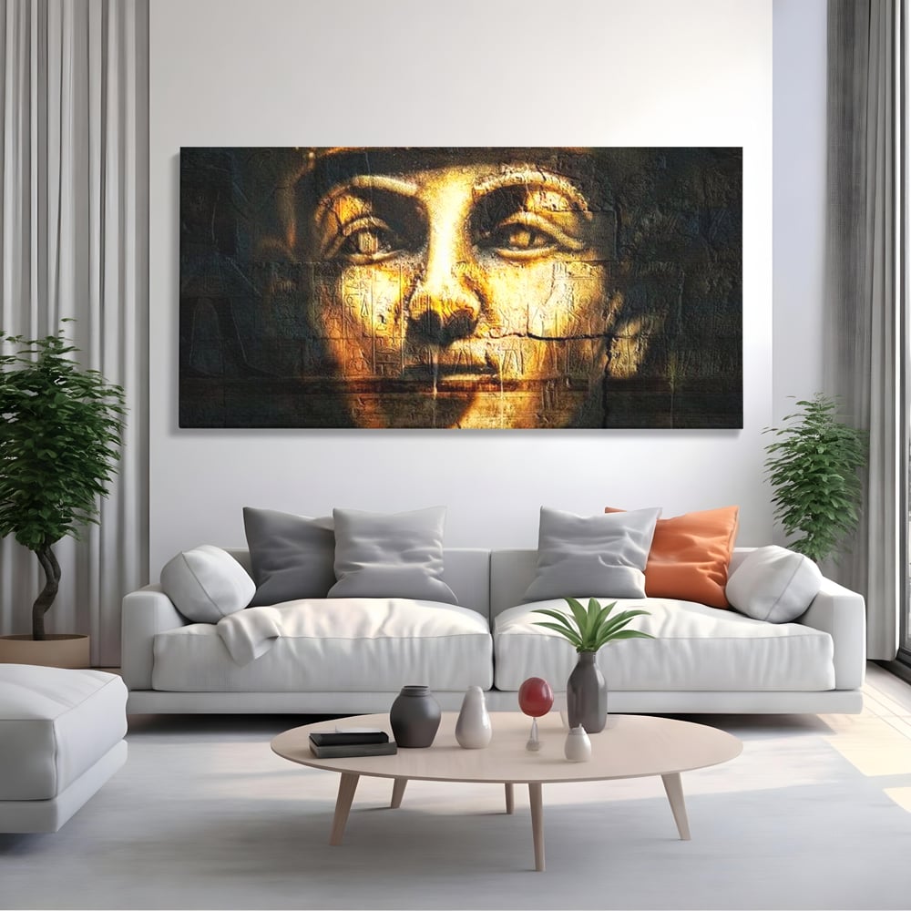 Tablou canvas cu tablou canvas cu chipul unui faraon, fara rama, pe sasiu de lemn, pe perete intr-un living
